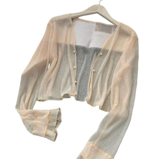 Женская сетчатая прозрачная куртка от солнца с длинным рукавом и застежкой на пуговицы, солнцезащитные рубашки с защитой от ультрафиолета, короткий топ-шаль, летняя пляжная накидка