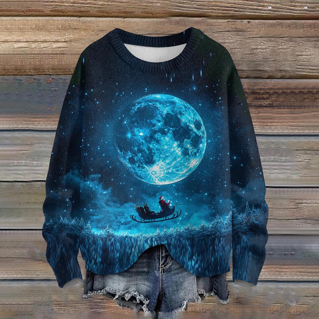 Ladies' Fashionable Casual Long Sleeved Christmas Printed Round Neck Knitted Yarn