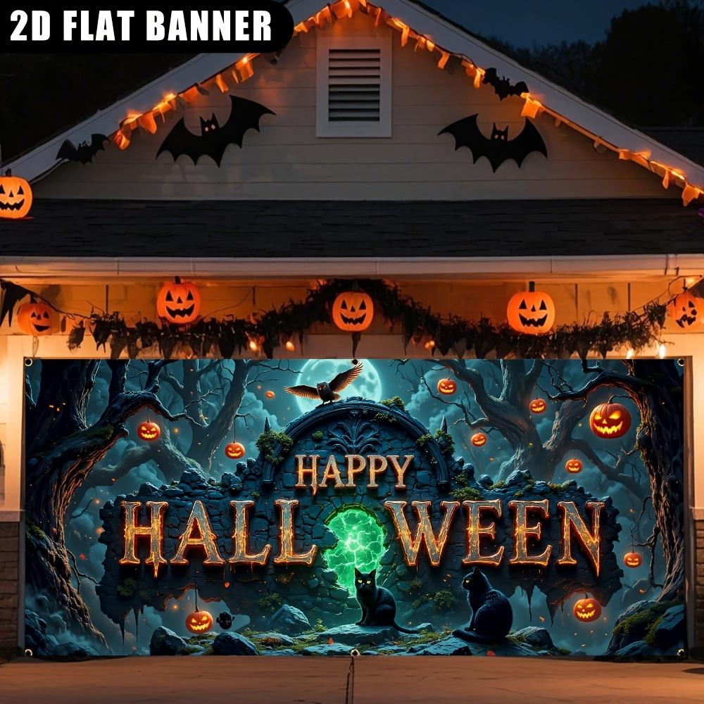 2D door banner, 1 piece, Halloween garage door banner with illuminated neon light "Happy Halloween" logo