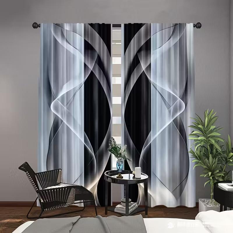 2 шт. Занавески с черно-белым изогнутым принтом, подходят для декора спальни, гостиной, кухни, декора дома, декора окна