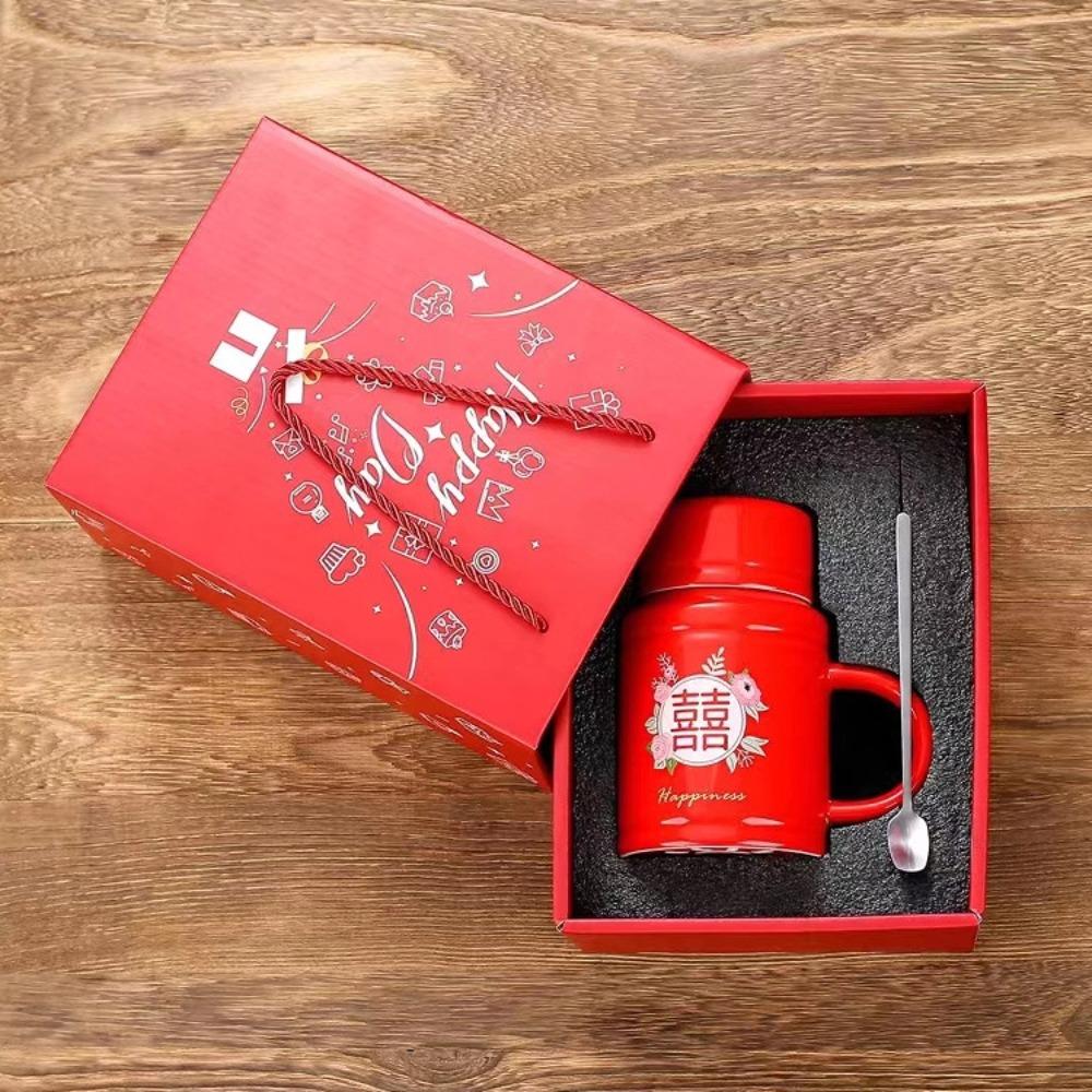 Vintage Double Happiness Kettle Mug with Lid Spoon Girls Ceramic Mug with Gift Box Packed Red Red Gift Box