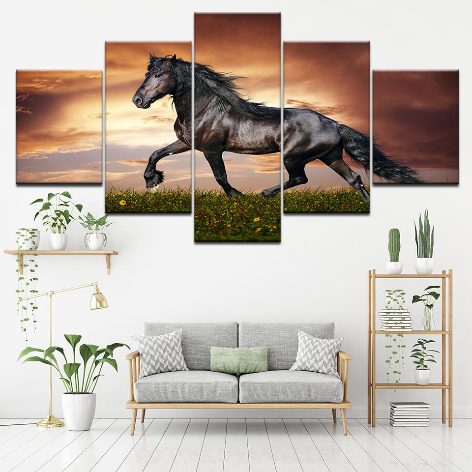 Canvas Painting A horse running sunset 5 Pieces Wall Art Painting Modular Wallpapers Poster Print for living room Home Decor
