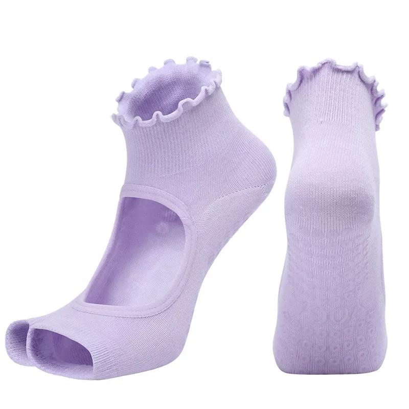 Новые профессиональные носки для йоги с двумя пальцами, женские дышащие носки с открытой спиной и рюшами для балета, пилатеса, силиконовые нескользящие танцевальные спортивные носки