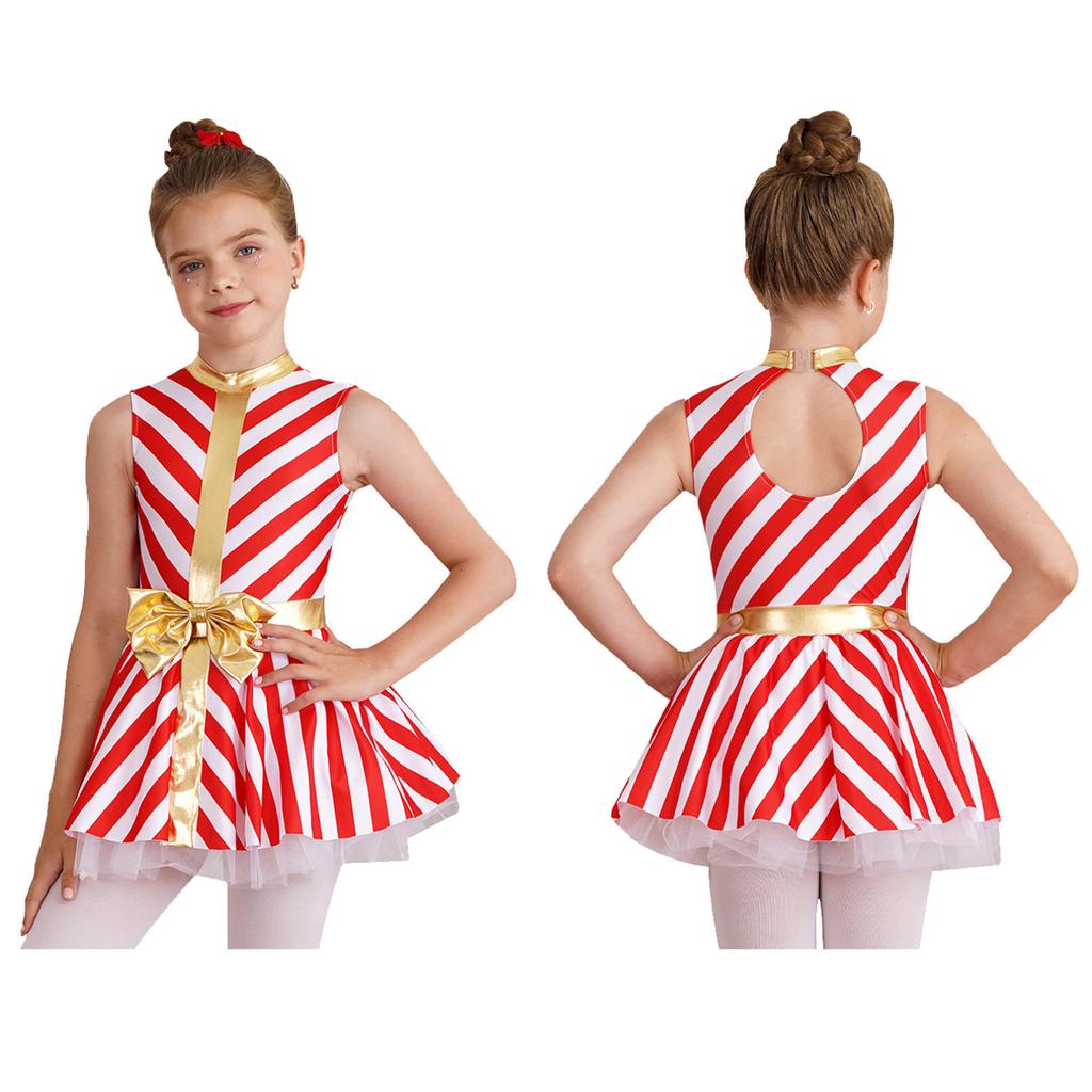 Детский рождественский костюм Санта-Клауса для девочек, платье-пачка без рукавов в полоску с принтом, платье-пачка, танцевальная одежда