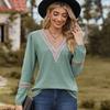 Autumn Winter Solid Color Lace Patchwork V-neck Long Sleeved Loose T-shirt Top T-Shirts (women’s)