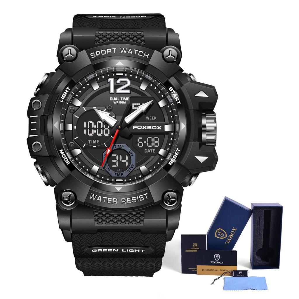LIGE x FOXBOX Брендовые модные мужские часы с цифровым двойным дисплеем, светящиеся водонепроницаемые спортивные часы с будильником