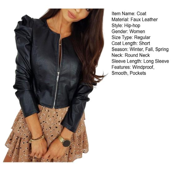 Chic Spring Coat Zipper Dress-up Round Neck Faux Leather Spring Blazer Female