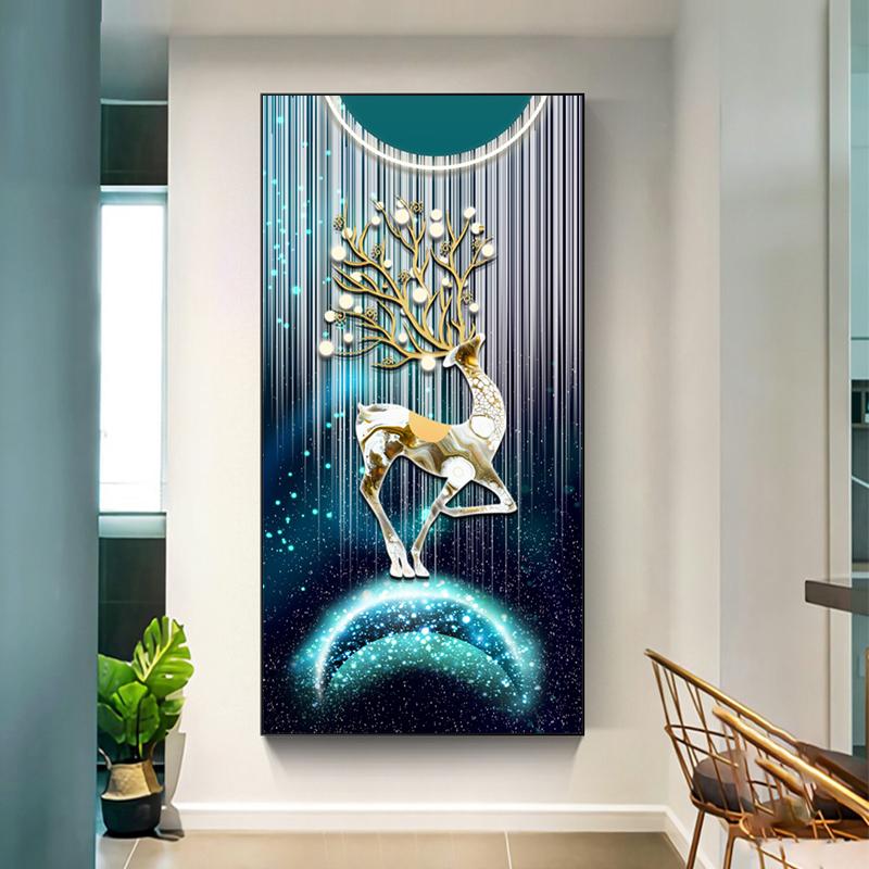 Абстрактные картины на холсте с золотым оленем в стиле фэншуй, постеры и принты из дзен-камня, современные роскошные настенные рисунки с листьями для декора крыльца без рамки