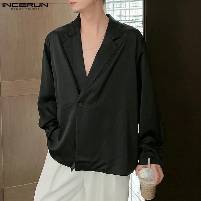 INCERUN Men Autumn Lapel Neck Double-breasted Long Sleeve Shirts Tops