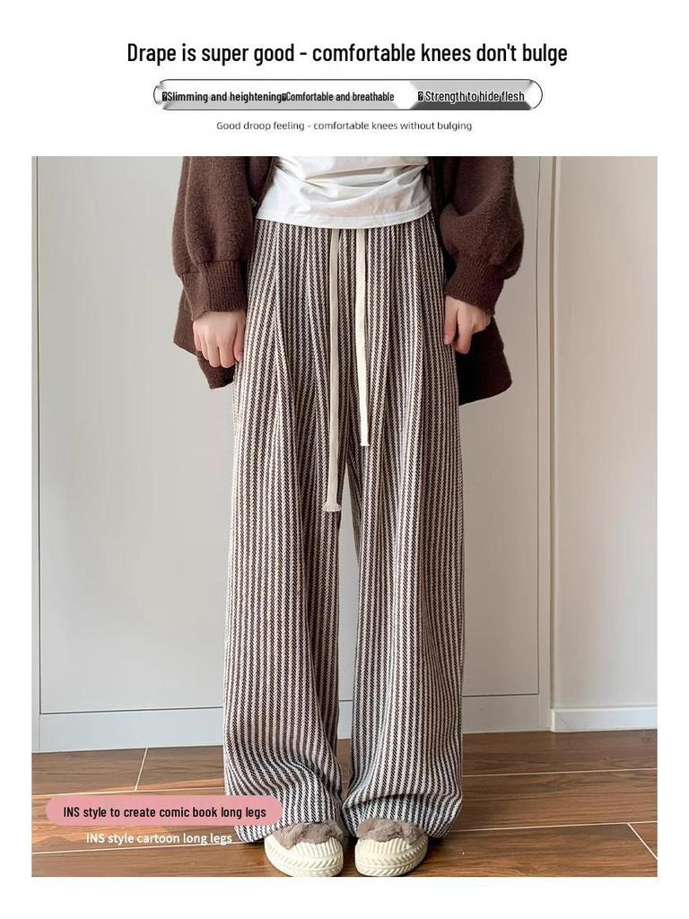 Women's Coffee Pinstripe Wool Pants: Petite 150, High-Waist, Wide/Narrow Leg, Autumn/Winter Drape