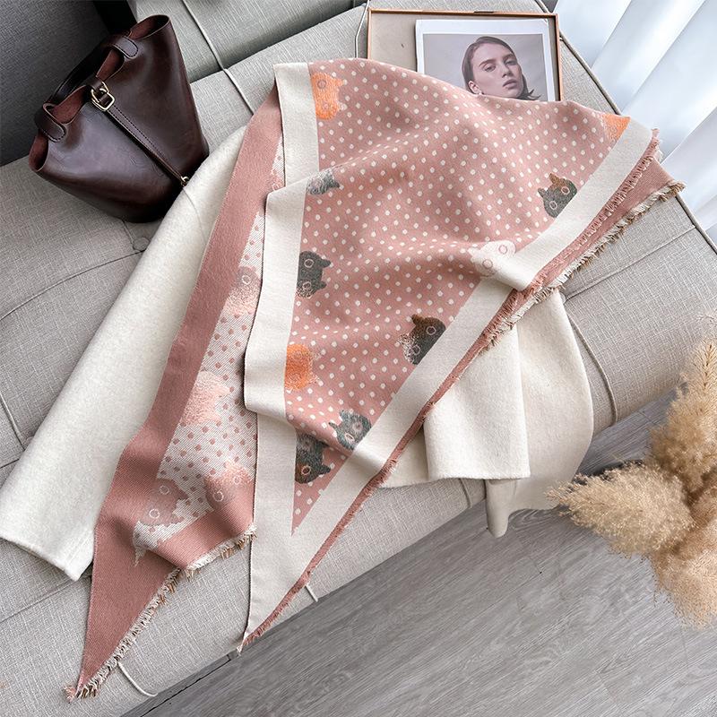 Autumn And Winter Triangle Scarf Polka Dot Kitten Print Double-Sided Warm Scarf Shawl Outer Cover Women