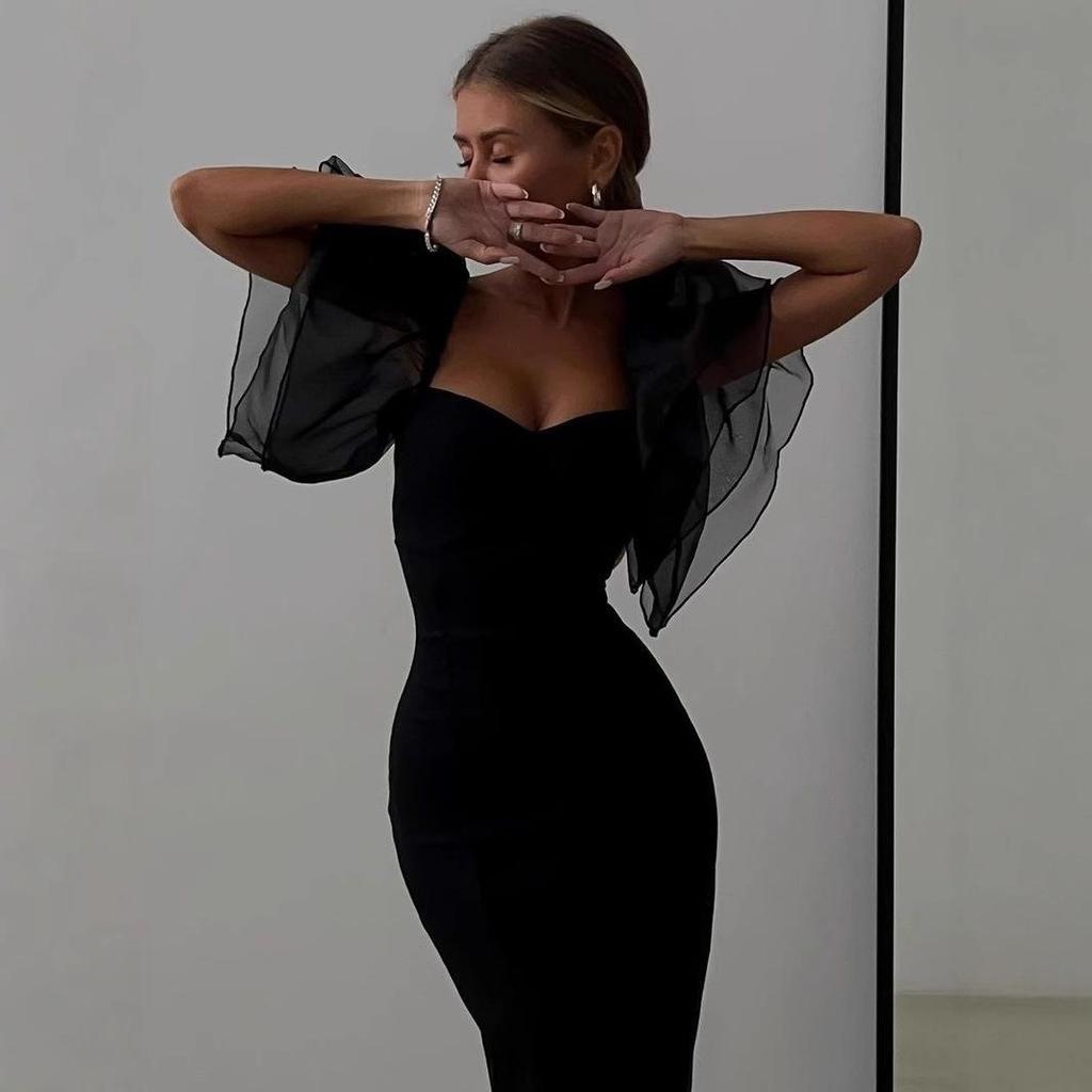 Европейское и американское облегающее миди-платье с сетчатыми рукавами-рюшами для женщин