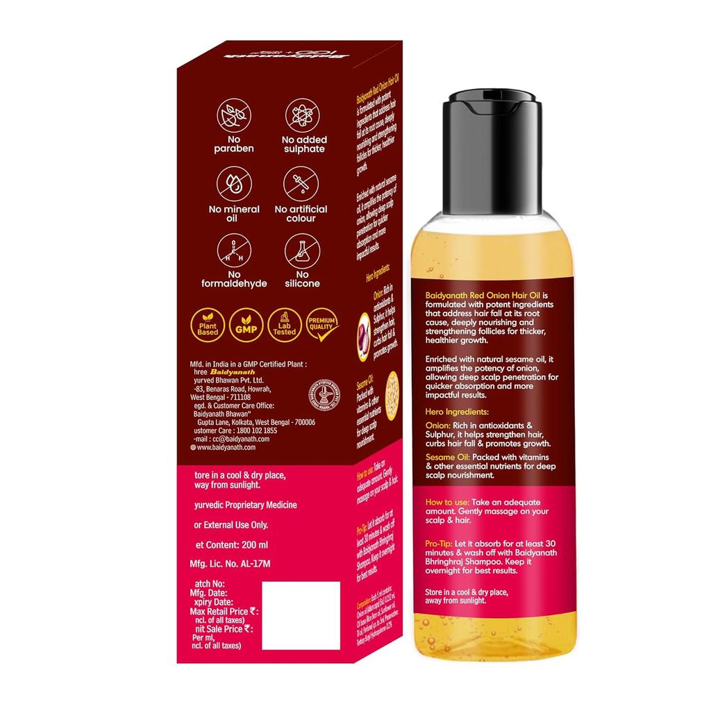 Baidyanath Масло для волос с красным луком 200 мл | Натуральное питание для волос для более сильных, блестящих, гладких волос | Уменьшает выпадение волос и способствует росту