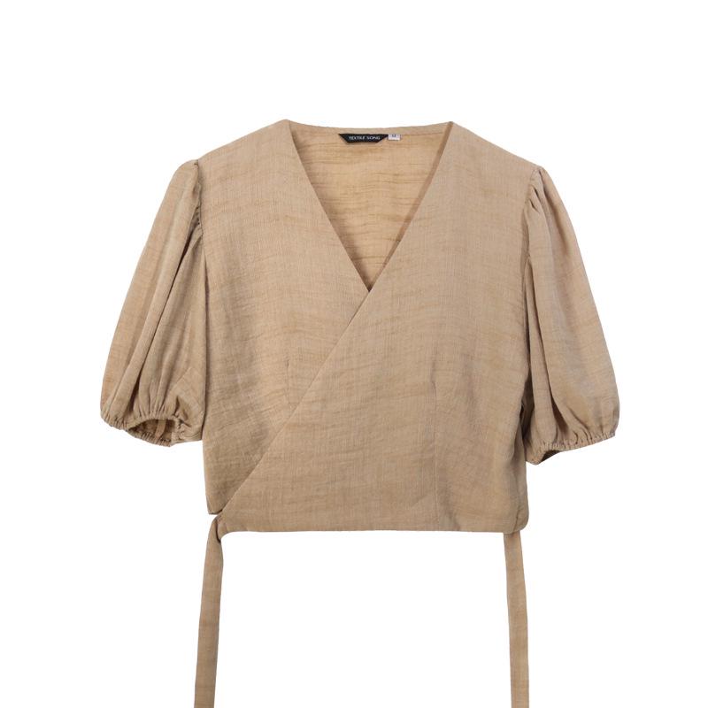 Французская блузка с пышными рукавами и завязками - Женский летний дизайн с V-образным вырезом, возвраты не принимаются