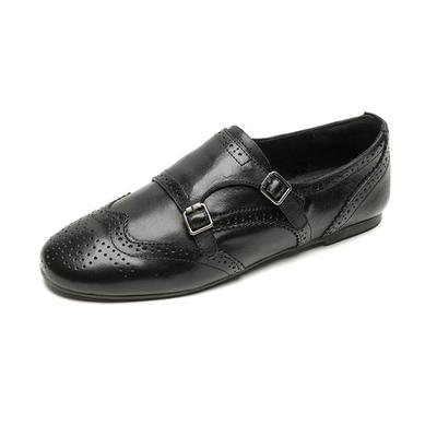 Кожа коровы мода весна осень низкие каблуки металлические пряжки оксфорды женские круглый носок досуг броги балетки