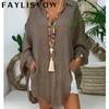 5XL большие размеры топы льняная рубашка женская белая туника с длинным рукавом кардиган повседневные свободные пуговицы с отложным воротником блузки рубашки