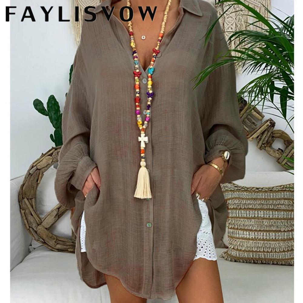 5XL большие размеры топы льняная рубашка женская белая туника с длинным рукавом кардиган повседневные свободные пуговицы с отложным воротником блузки рубашки