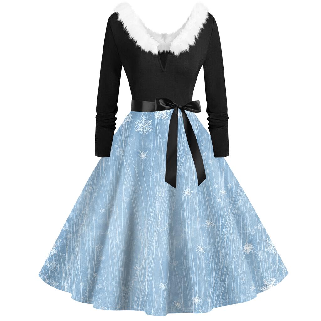 Женская мода с v-образным вырезом, повседневные тонкие рождественские платья с воротником из волос и длинными рукавами с принтом