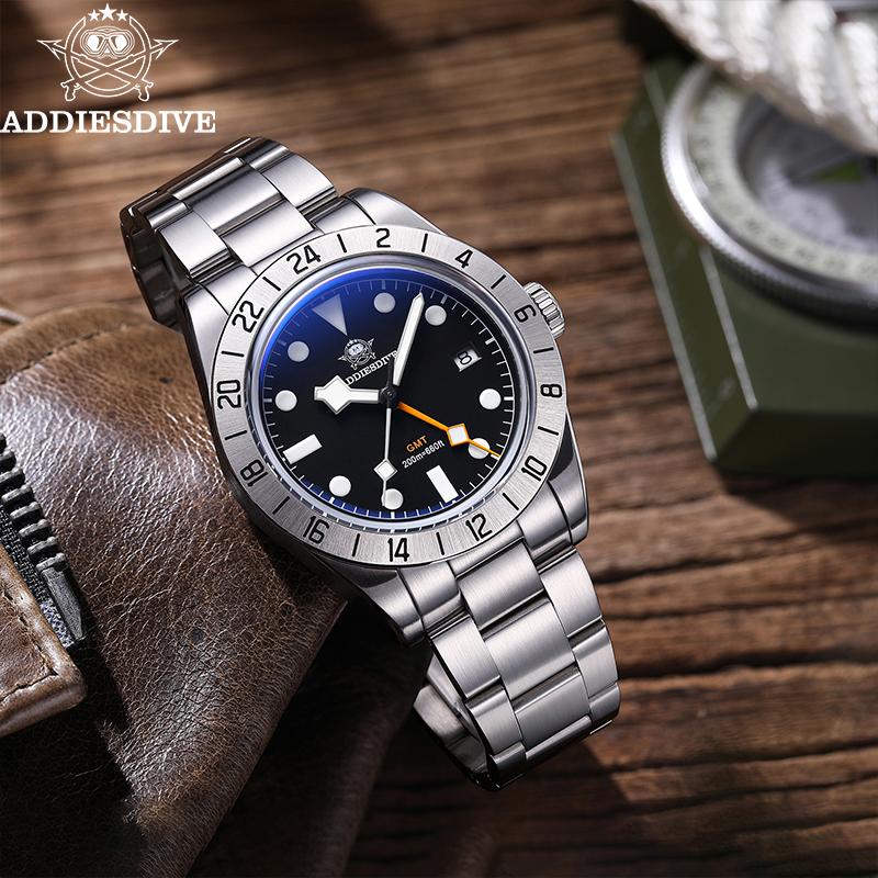 ADDIESDIVE GMT Quartz Watches Bubble Mirror Glass Stainless Steel Men's Watch 200m Waterproof BGW9 Luminous Diver Watch AD2035