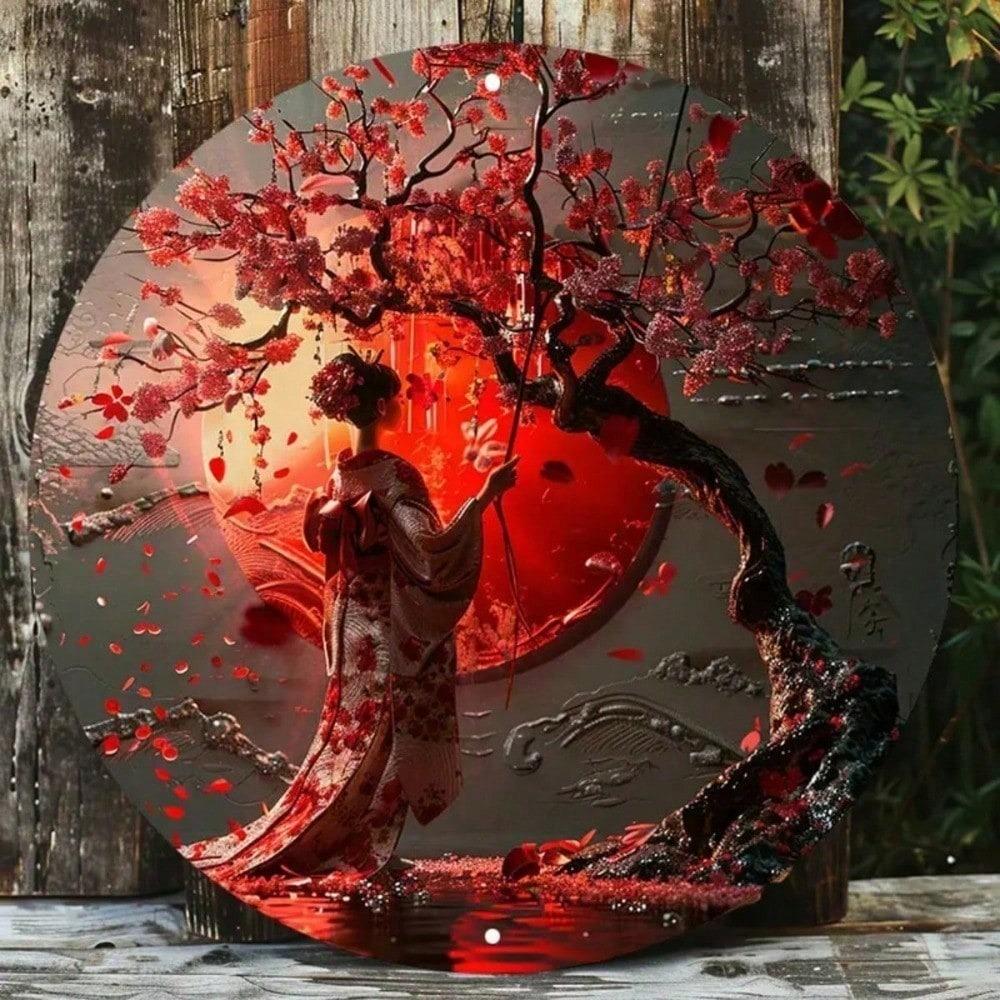 Круглая металлическая настенная art 8x8 дюймов Японская женщина Кимоно Цветок вишни Винтажный Декор для дома Устойчивый к УФ царапинам Подвесной знак