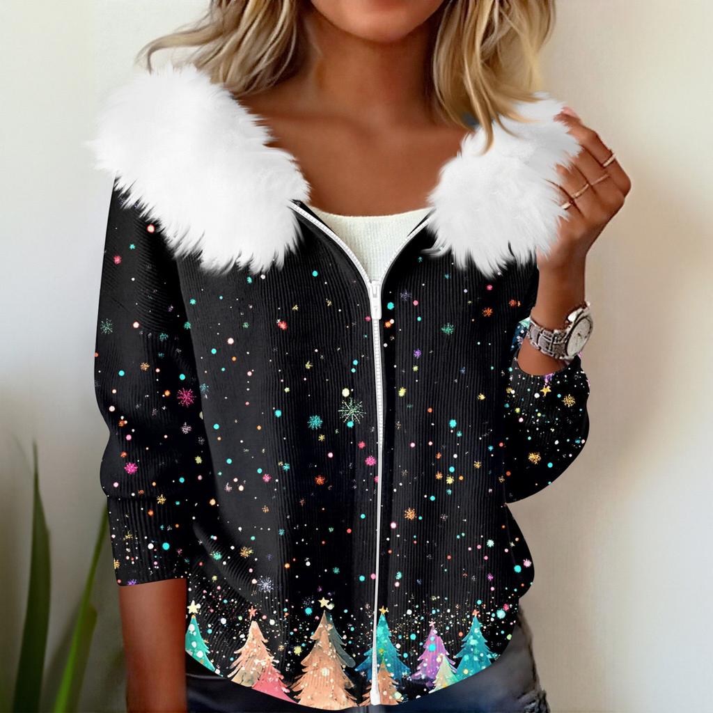 Women's Fashion Casual Sweater Zipper Print Cardigan Plush Hooded Jacket