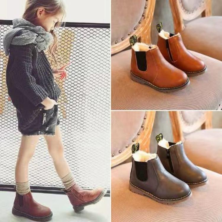 Autumn and Winter New Children's Short Boots British Leather Boots Retro Plush Warm Cotton Boots
