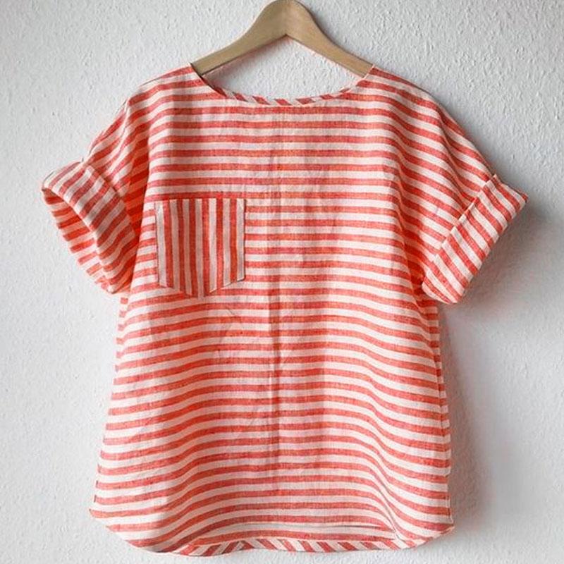 ZANZEA Женский летний топ с круглым вырезом, короткими рукавами и контрастными полосками и передним карманом