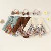 Baby Girl Fall Outfit, Flower Print Ruffle Trim Long Sleeve Romper Dress Bow Headband 2 Piece Set