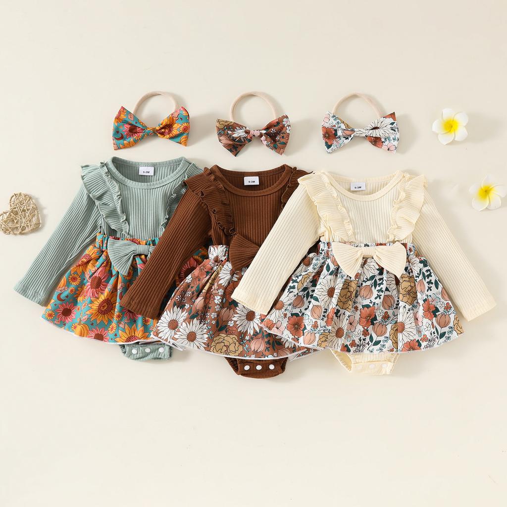 Baby Girl Fall Outfit, Flower Print Ruffle Trim Long Sleeve Romper Dress Bow Headband 2 Piece Set