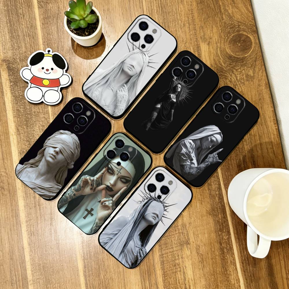 Темная Готическая Святая Чехол для Телефона Для iPhone 17, 16, 15, 14, 13, 12, 11 Plus, Pro Max, Другие Мягкое Черное Покрытие
