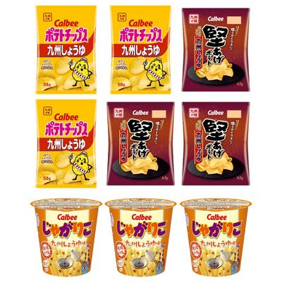 Картофельные чипсы Calbee, картофель Kataage, Jagariko, соевый соус Kyushu, по 3 шт. каждого вида, всего 9 шт., набор ассорти [Номер регистрации торговой марки. 6662120]