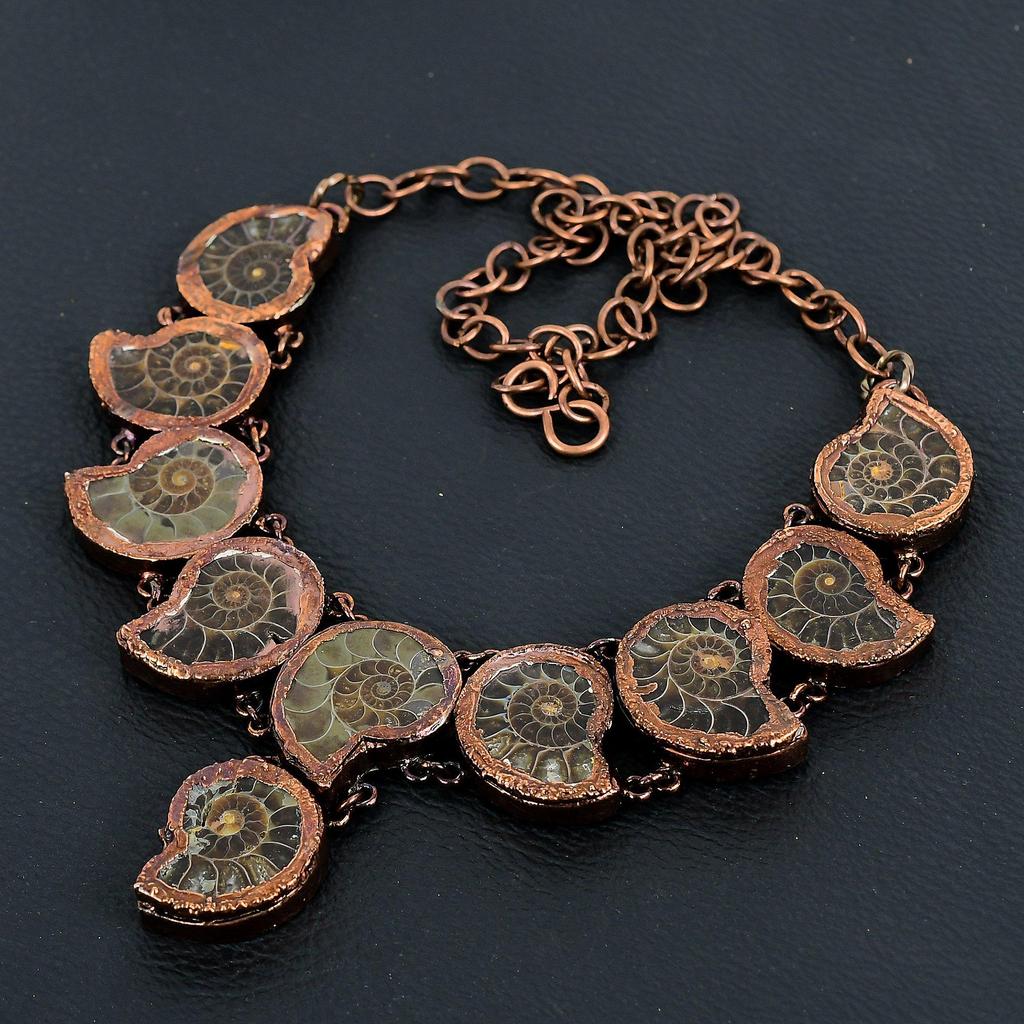 Ammonite Fossil Copper Electroformed Necklace with Adjustable Chain, Handmade Gemstone Jewelry Necklace For Memorial Day