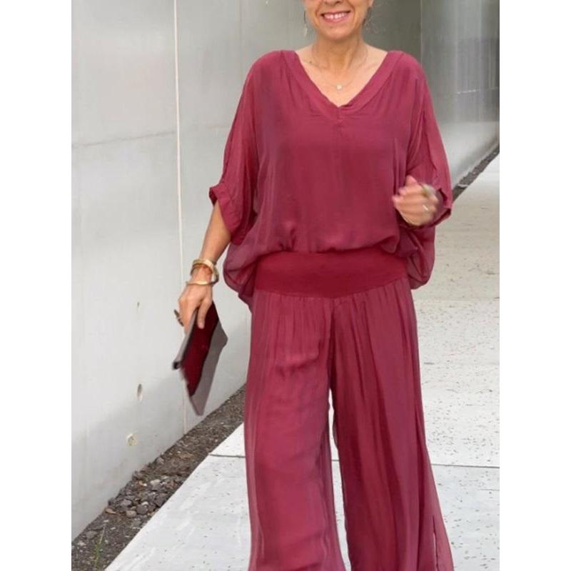 Женский летний однотонный свободный костюм для офиса, удобный свободный круглый вырез, футболка + брюки, комплект из 2 предметов