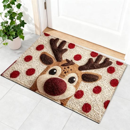 Коврик на пол из искусственного меха, мультяшный рисунок оленя и собаки, рождественская тематика, нескользящий коврик, декор для гостиной, спальни, кухни