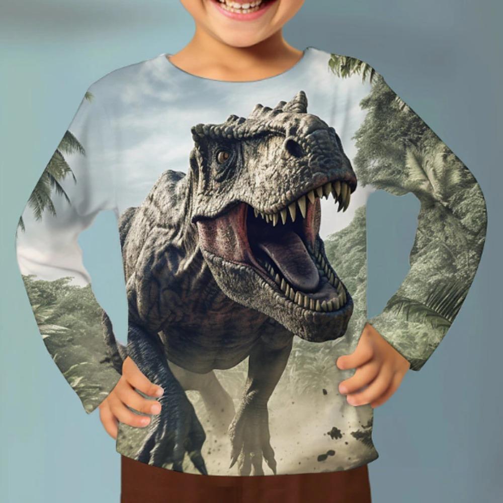 Kids Crew Neck Long Sleeve T‑Shirt, Wild Realistic Dinosaur 3D Print Casual Loose Halloween Party Daily Wear Tops for Children