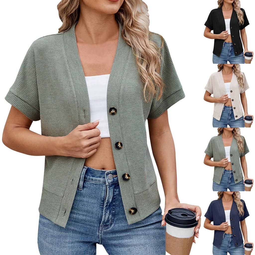 Women's Fashionable And Versatile Casual V-Neck Knit Button Short Sleeve Cardigan Top