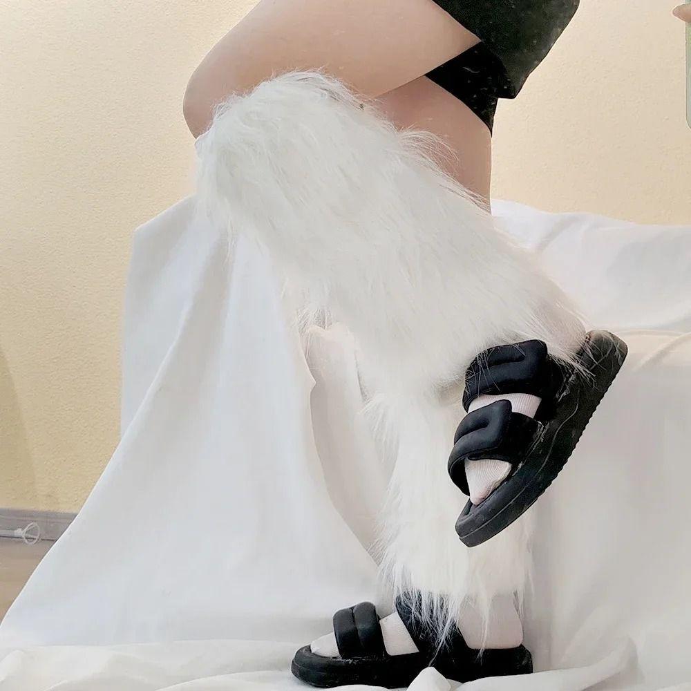Thickened Furry Leg Warmers Bow Knee High Girls Socks White Lolita Boots Cover Women