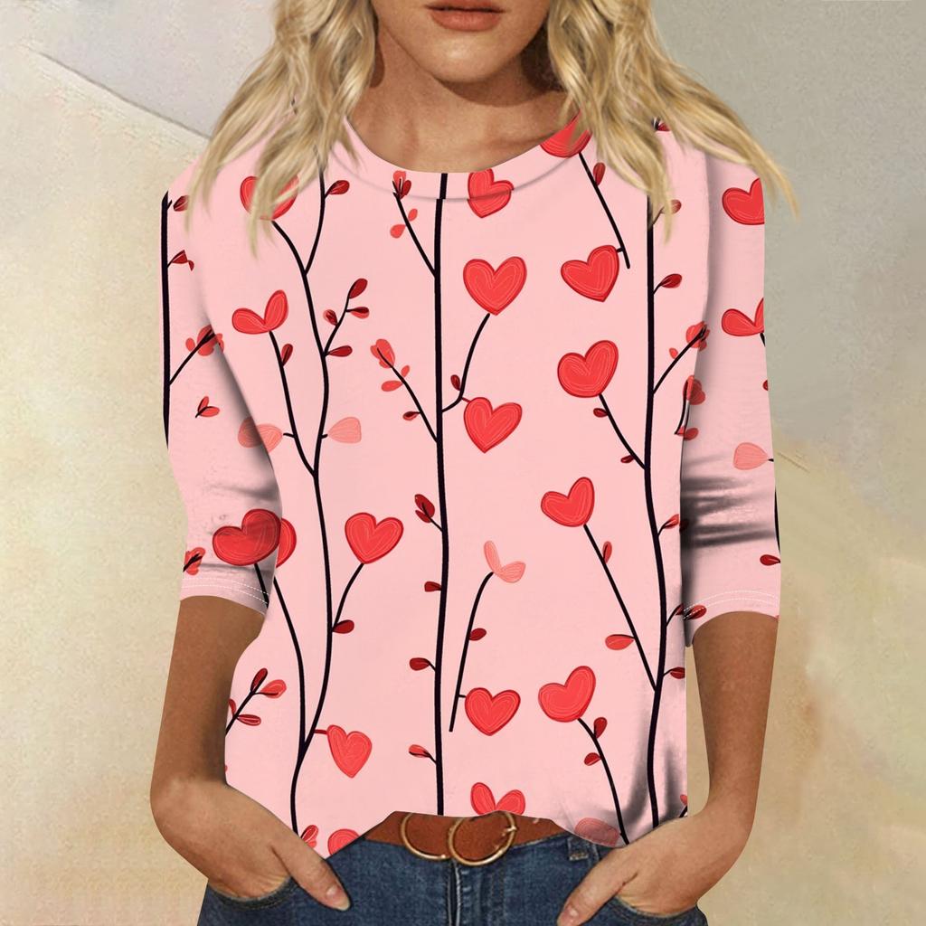 Футболка женская с рукавом 3/4, повседневная футболка с принтом ко Дню святого Валентина, джемпер с круглым вырезом