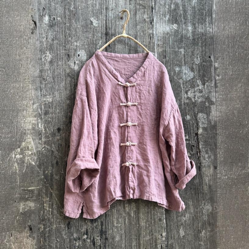 Johnature Женские винтажные рубашки однотонные стойка длинный рукав блузки осень пуговица свободный китайский стиль топ