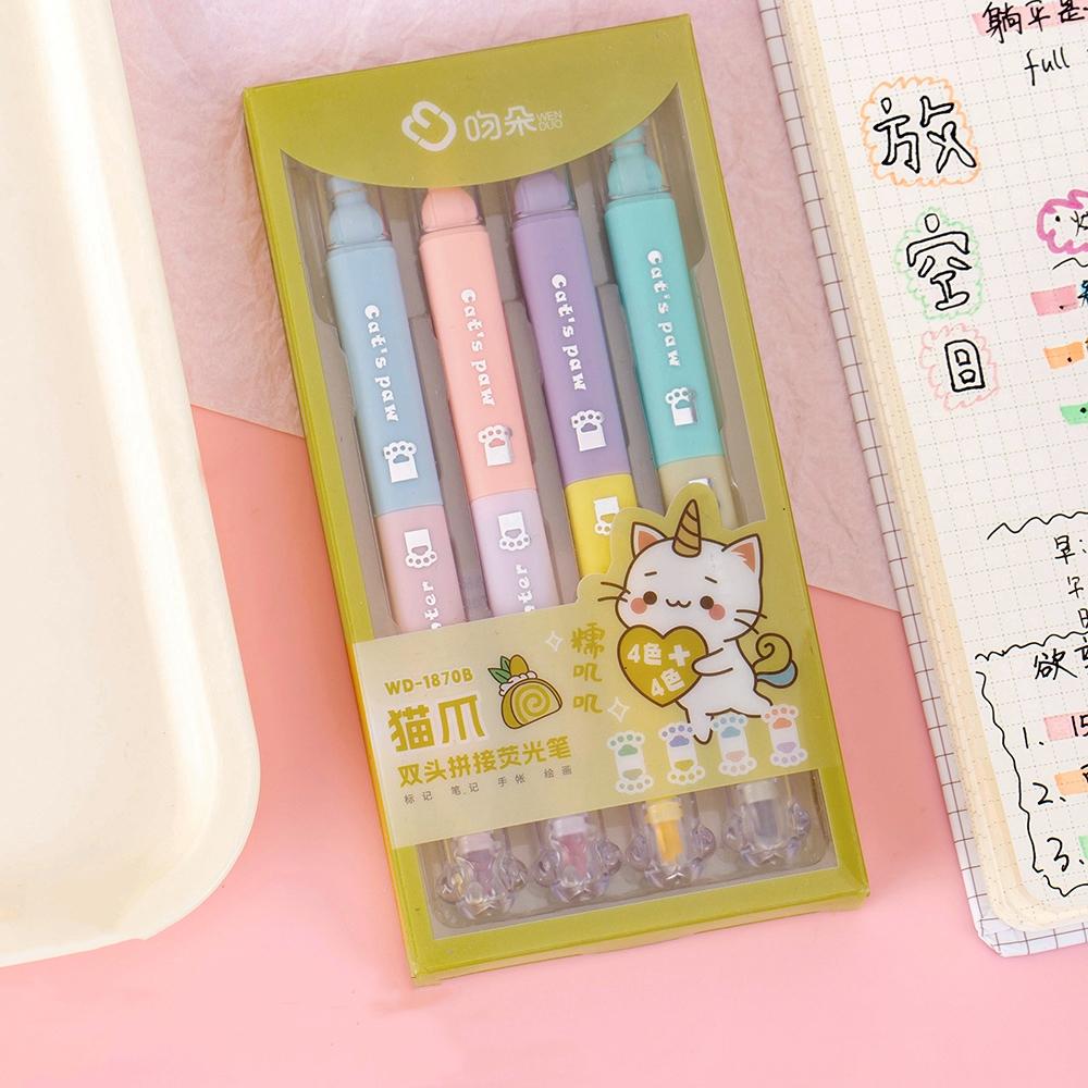 4pcs Cat Paw Design Highlighter Marker Pens Set Cartoon Kitty Dual-Tip Writing Brush for Drawing Painting School Supplies A7716