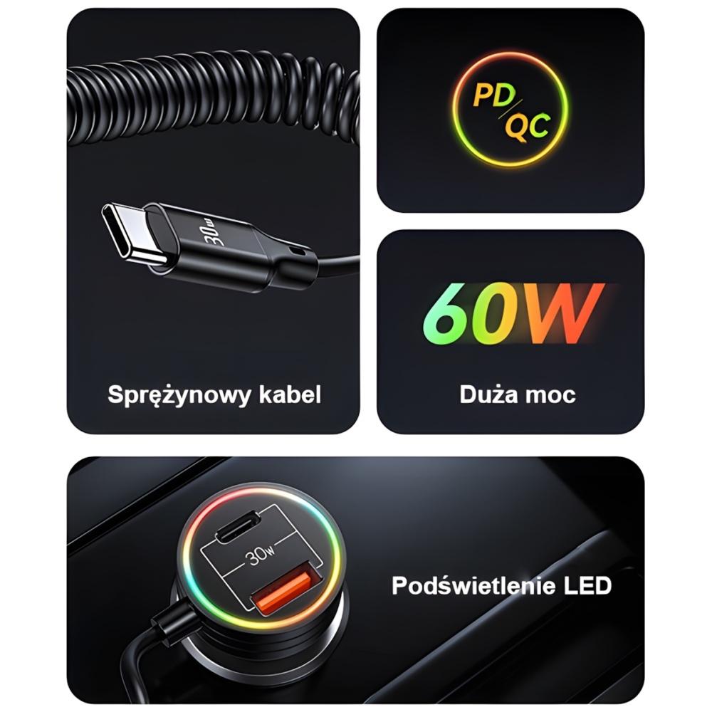 USAMS Lad. alone. 2xUSB-C 1xUSB-A C33 60Wwith spring cable Fast Charge black/black CC167CC01 (US-CC167)