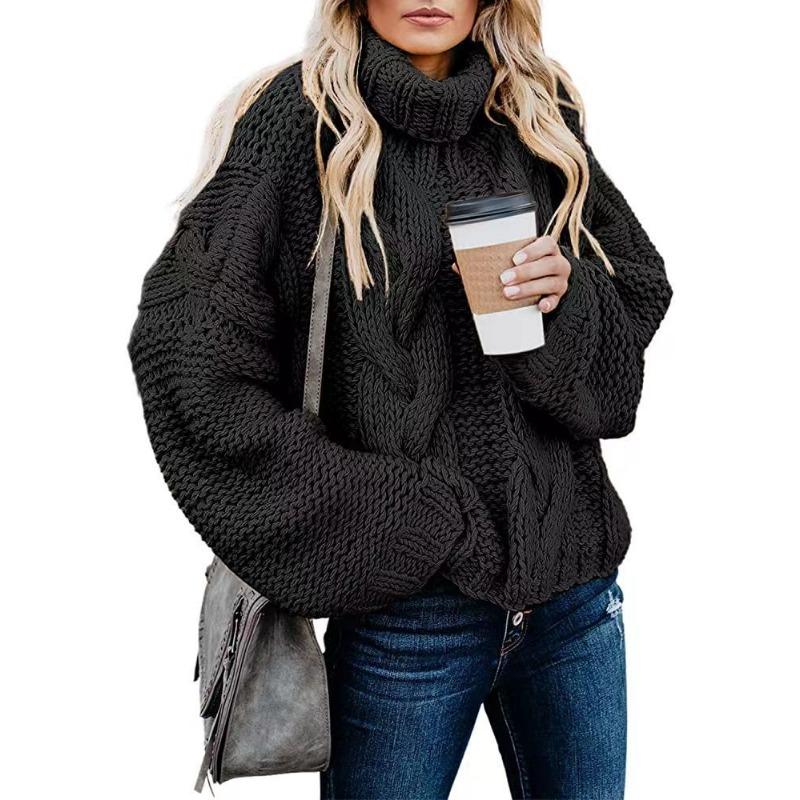 Autumn and Winter Women's Sweater Lazy Wind Solid Color Twist Loose High Neck Sweater