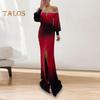 Lady Evening Dress Off Shoulder Hollow Out Rhinestone Wedding Dress Skinny Pleated Prom Maxi Dress Long Lantern Sleeves Slit Hem Contrast Color Ball