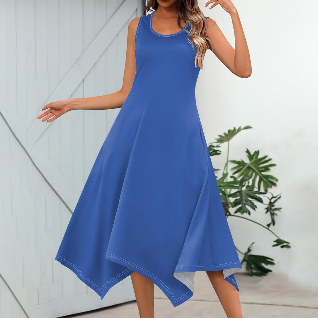 Женское повседневное модное платье миди без рукавов с круглым вырезом и нерегулярным подолом