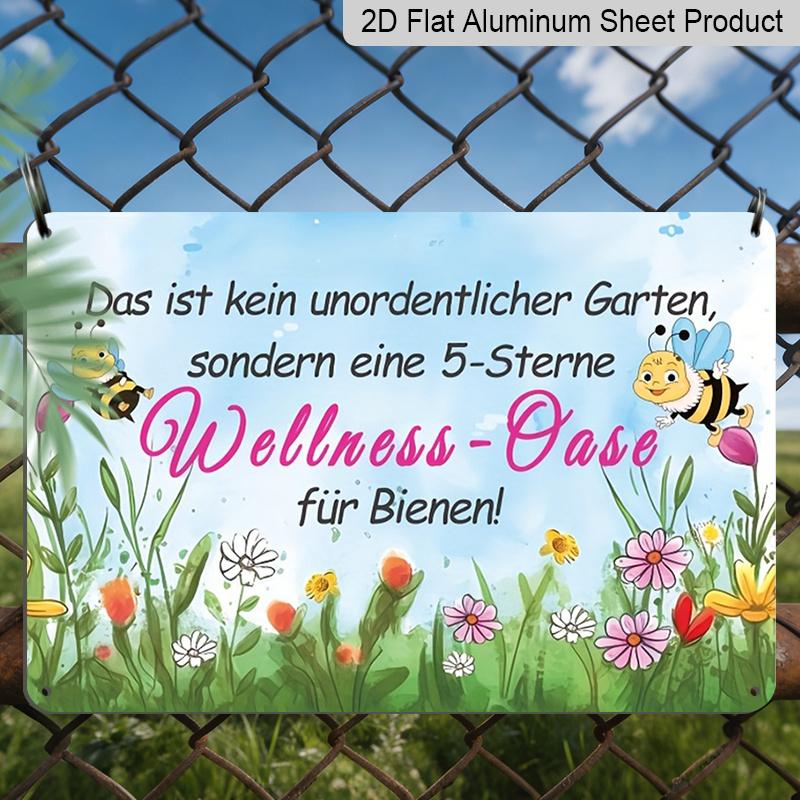 2D Flat, 1pc "5-Star Wellness Oasis for Bees" Aluminium Sign 8x12 Inch - Cute Bee & Watercolor Floral Design, Whimsical German Garden Quote Decor