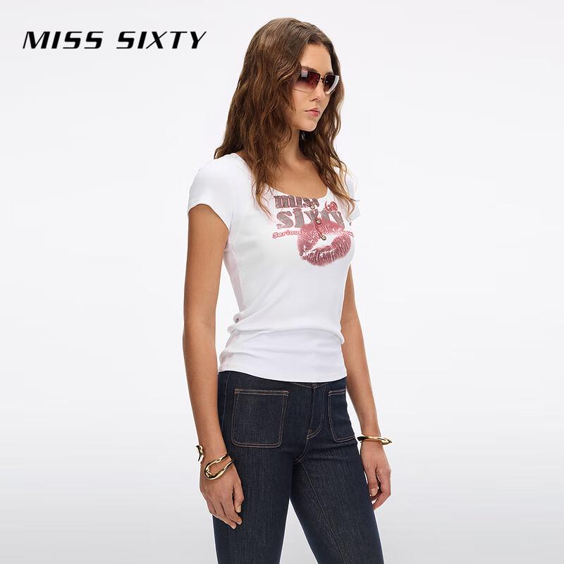 Miss Sixty Женская ретро футболка-henley с U-образным вырезом и логотипом-губами