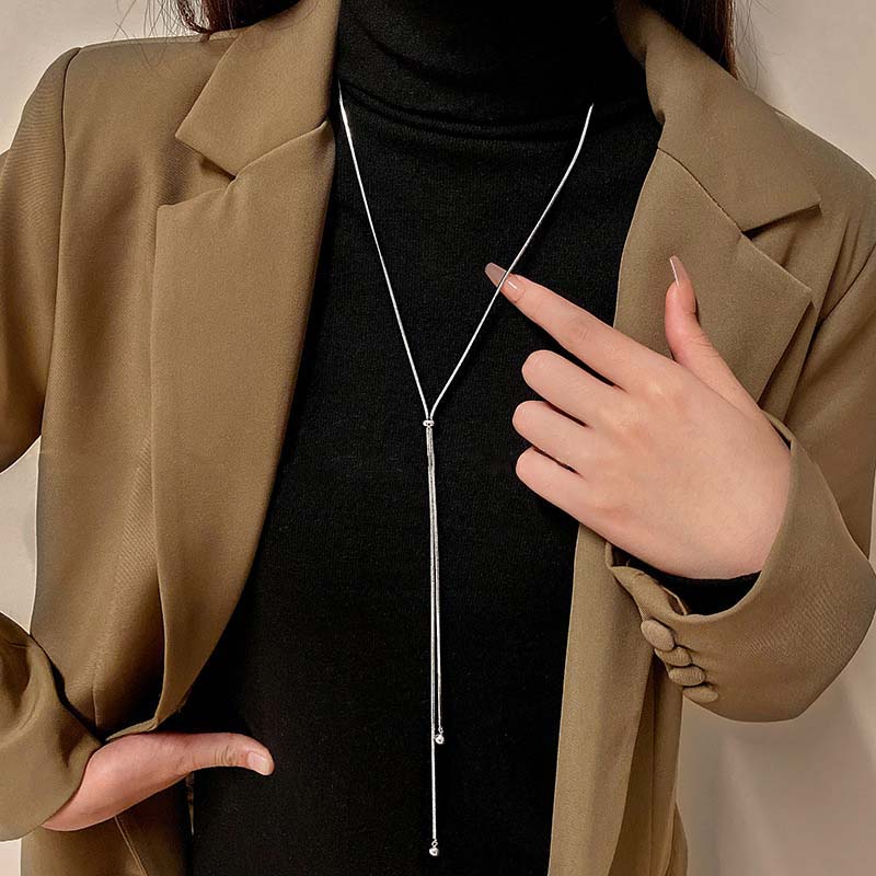 Fashion Snake Chain Necklace for Women Minimalist Metal Long Tassel Adjustable Pull Sweater Chain Jewelry