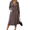 Весна и осень леопардовый принт длинный рукав платье темперамент пригородный стиль высокая талия V-образный вырез женские длинные платья