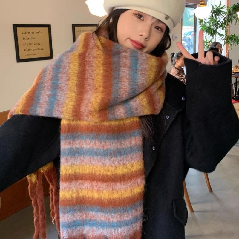 Autumn atmosphere~ Korean light luxury retro striped scarf mohair fringed scarf women's winter cold-proof versatile shawl