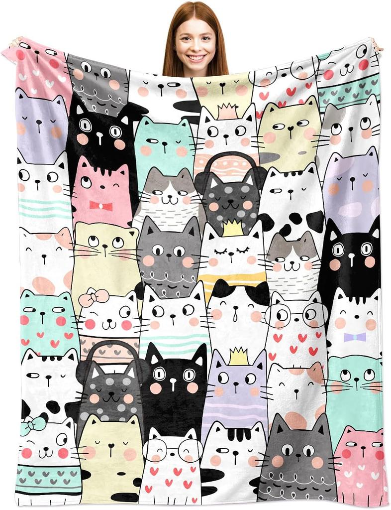 Cute Cat Throw Blanket Lovely Kitten Pet Pattern Fleece Blanket Soft Cozy Fuzzy Plush Cartoon Animal Blanket Gift for Cats Lover